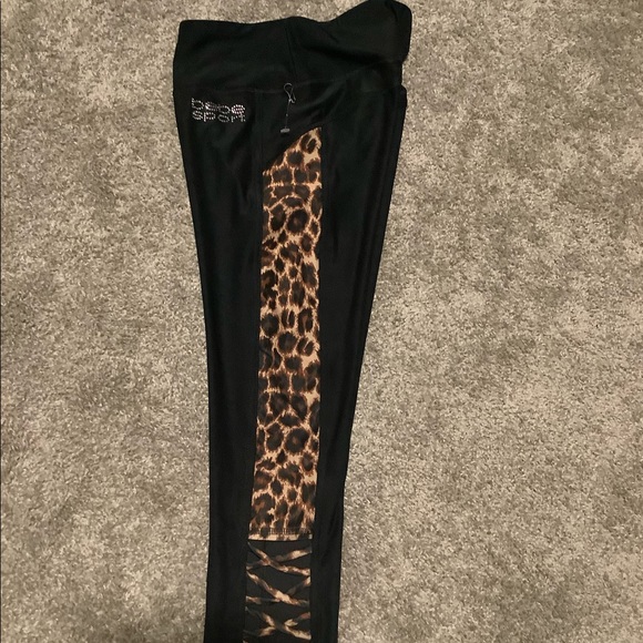 bebe Pants - BeBe Swarovski Criss Cross Leopard Yoga Pants